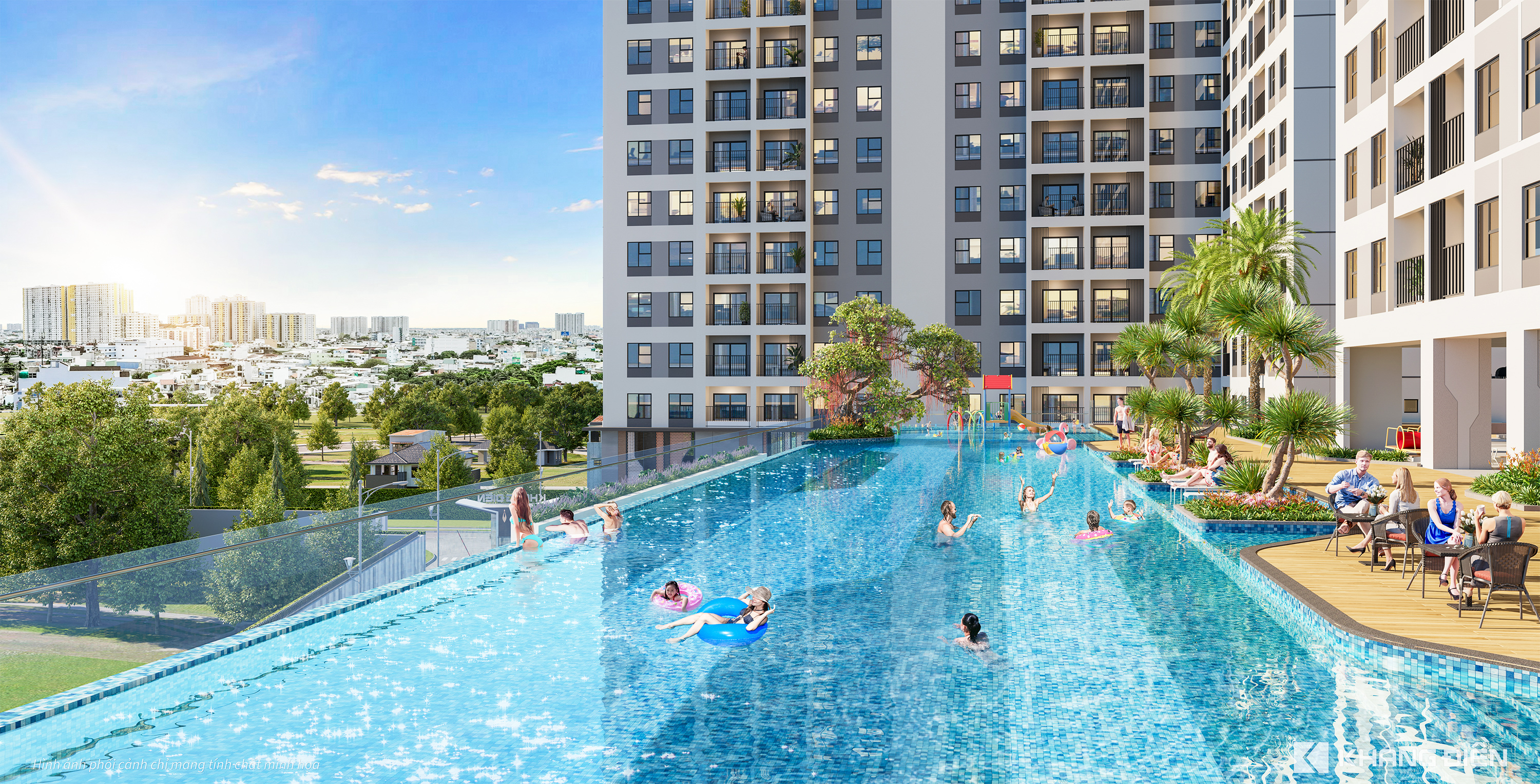 Đắm mình trong làn nước xanh mát tại khu hồ bơi trên cao, hướng tầm nhìn về thành phố, tận hưởng không gian thư giãn tuyệt vời.