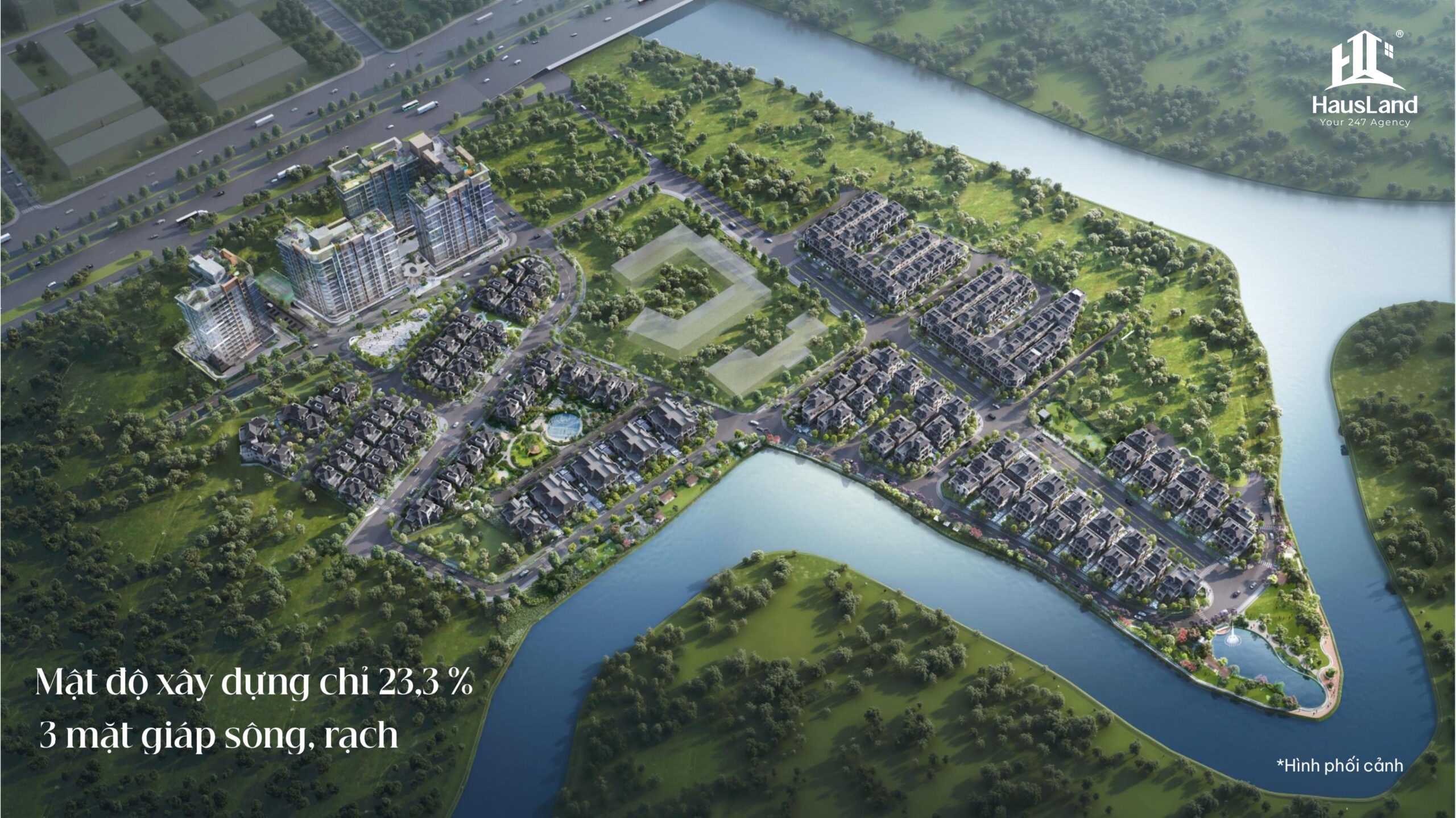 Ba mặt giáp sông và mật độ xây dựng thấp tại Gladia by the Waters